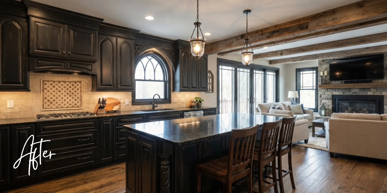 Renovated kitchen with wooden cabinets and island